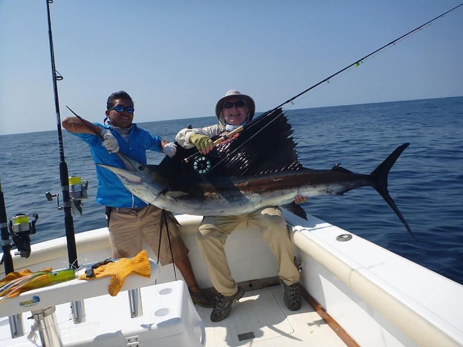 A fly-caught sailfish held boatside off Guatemala's Pacific coast