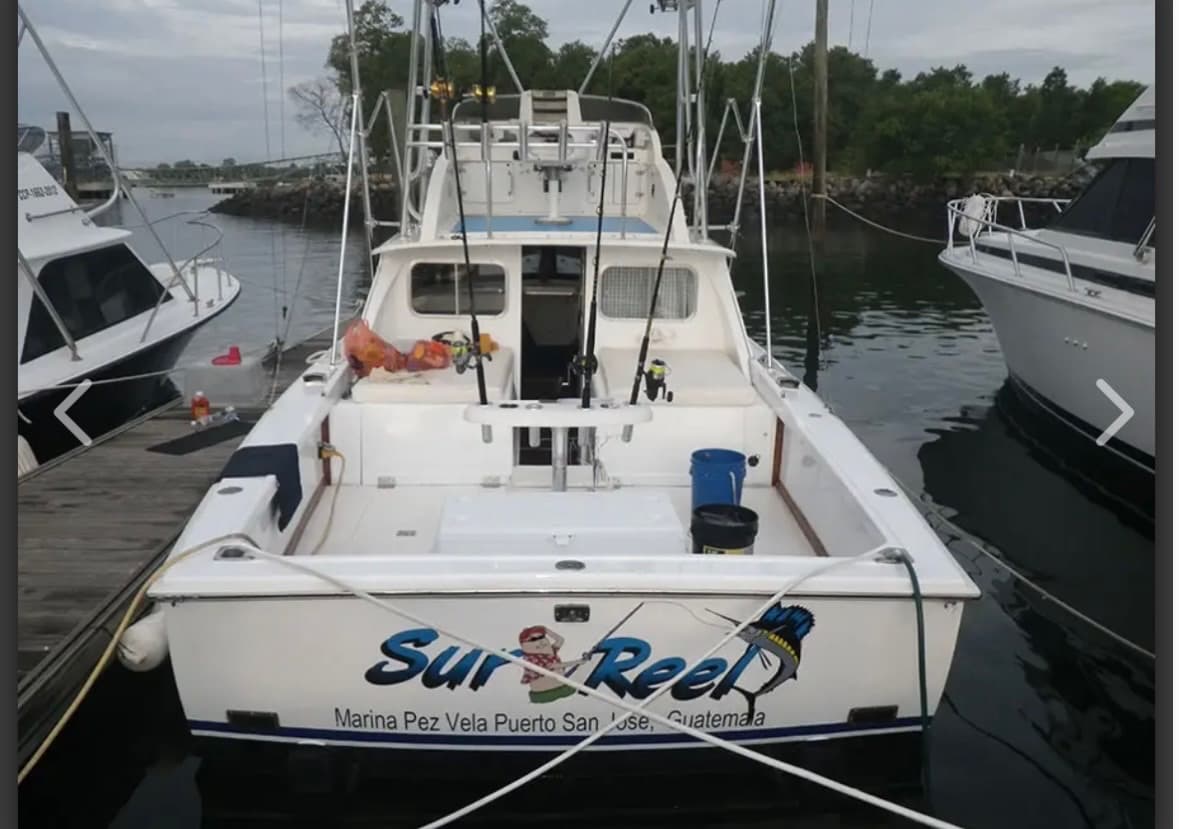 The Big Buoys boat Sur-Reel, a 31-foot Bertram, at the dock in Puerto San José, Guatemala