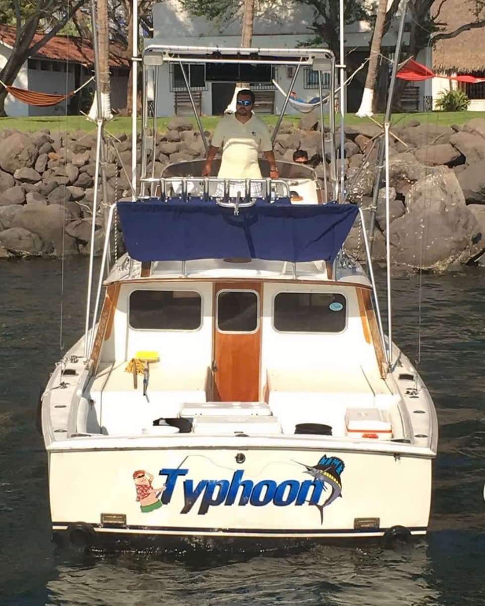 The Big Buoys boat Typhoon, a 31-foot Bertram, at the dock in Puerto San José, Guatemala