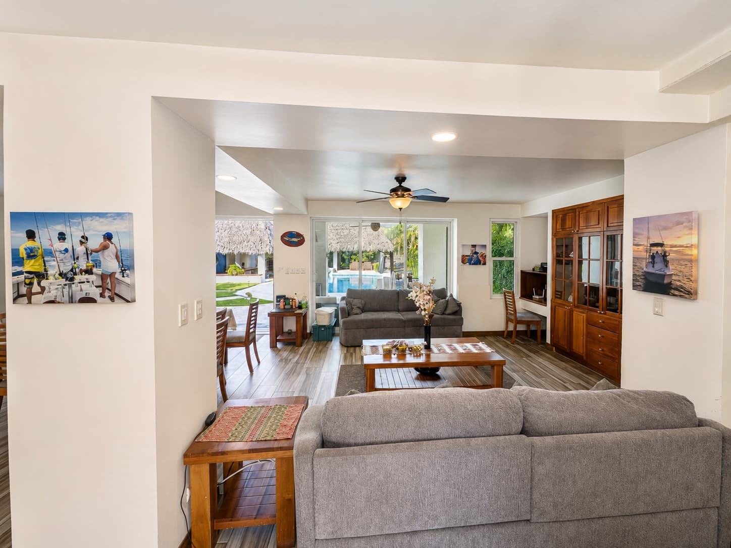 Open-plan living room, lounge, and dining area inside the Big Buoys villa, Puerto San José, Guatemala
